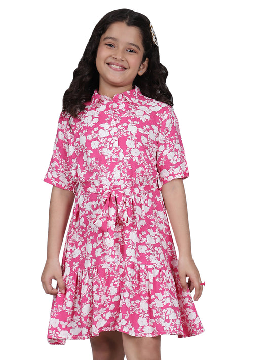Girls Printed Hot Pink Half Sleeves Collar Neck Casual Dress