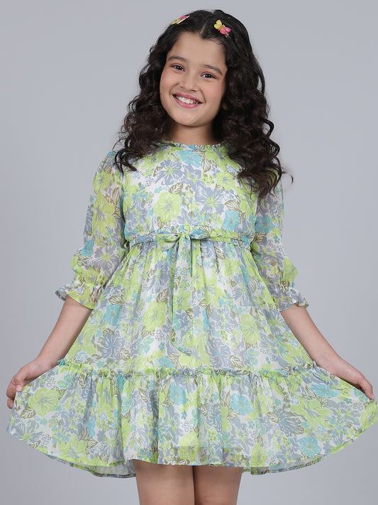 Girls Printed Green Round Neck 3/4th Sleeves Casual Dress