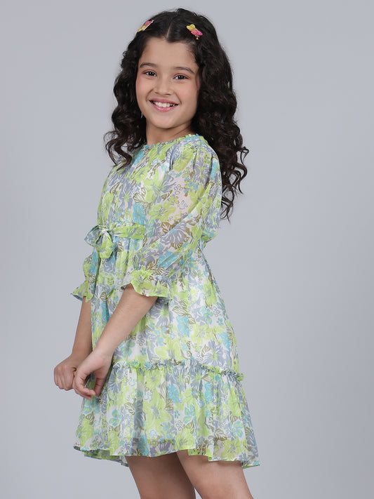 Girls Printed Green Round Neck 3/4th Sleeves Casual Dress