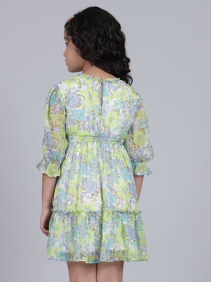 Girls Printed Green Round Neck 3/4th Sleeves Casual Dress