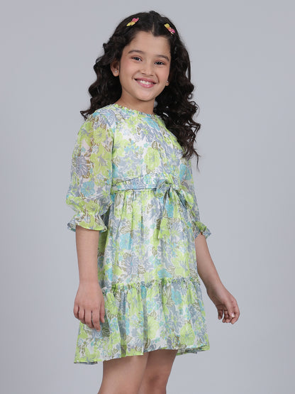 Girls Printed Green Round Neck 3/4th Sleeves Casual Dress