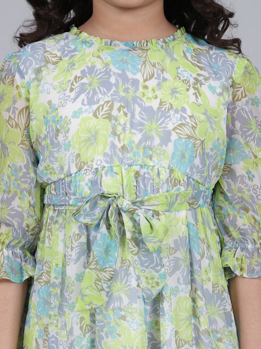 Girls Printed Green Round Neck 3/4th Sleeves Casual Dress