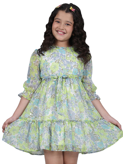 Girls Printed Green Round Neck 3/4th Sleeves Casual Dress