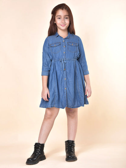 Casual Dress for Girls | Breathable & Soft with Color Fastness Regular Fit Spread Collar Cotton Fabric Solid Pattern