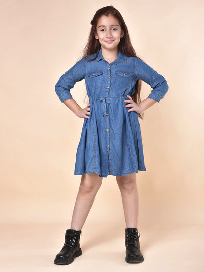 Casual Dress for Girls | Breathable & Soft with Color Fastness Regular Fit Spread Collar Cotton Fabric Solid Pattern