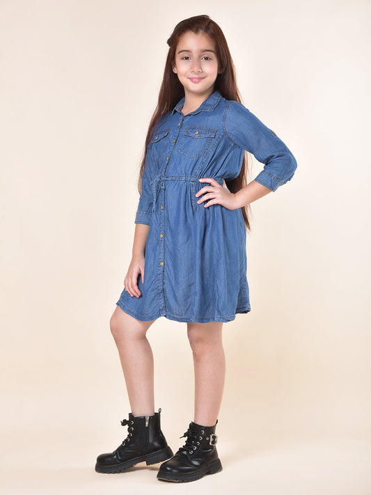 Casual Dress for Girls | Breathable & Soft with Color Fastness Regular Fit Spread Collar Cotton Fabric Solid Pattern