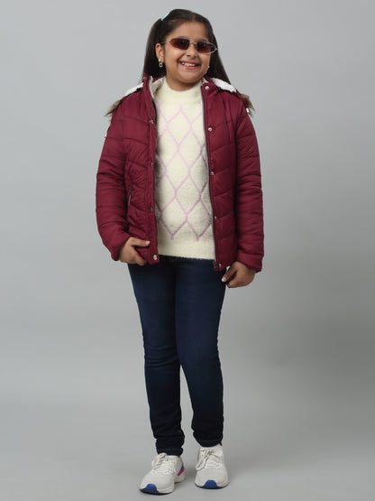 Girls Maroon Hooded Jacket For Winter