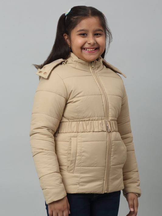 Girls Beige Hooded Jacket For Winter