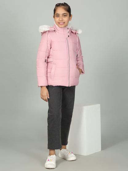 Girls Pink Solid Hooded Jacket
