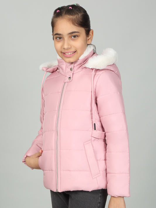 Girls Pink Solid Hooded Jacket