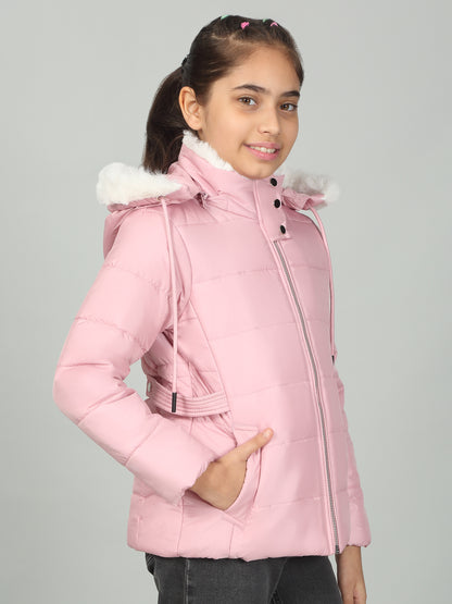 Girls Pink Solid Hooded Jacket