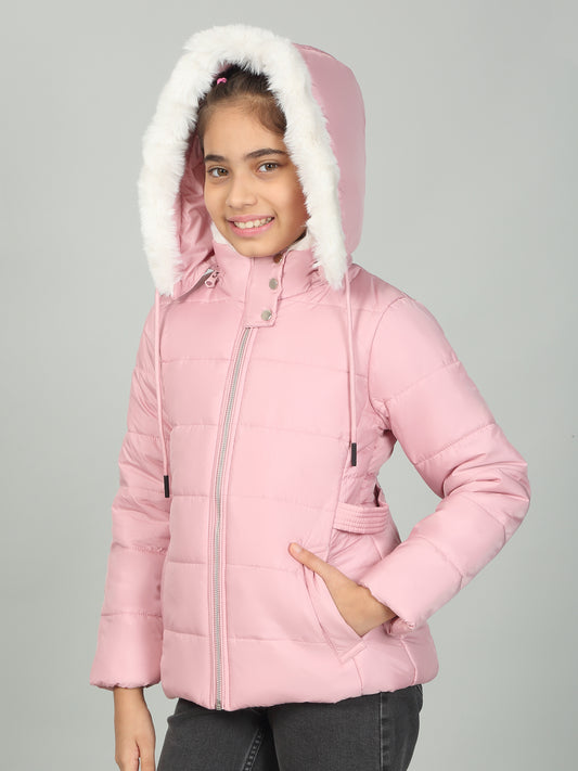 Girls Pink Solid Hooded Jacket