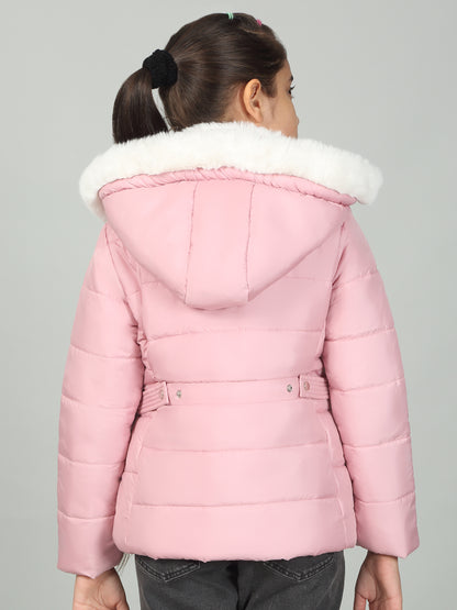 Girls Pink Solid Hooded Jacket