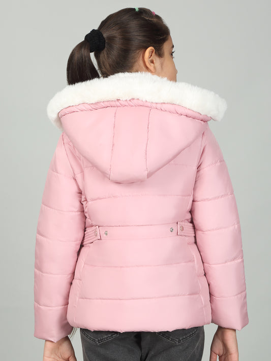 Girls Pink Solid Hooded Jacket