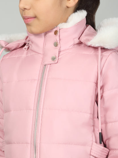 Girls Pink Solid Hooded Jacket