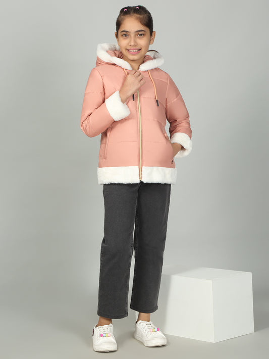 Girls Peach Solid Hooded Jacket