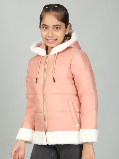 Girls Peach Solid Hooded Jacket