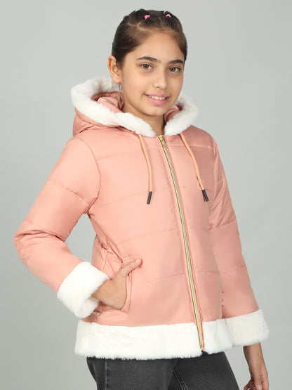 Girls Peach Solid Hooded Jacket