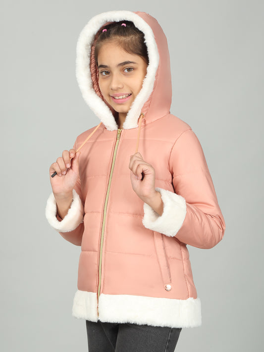 Girls Peach Solid Hooded Jacket
