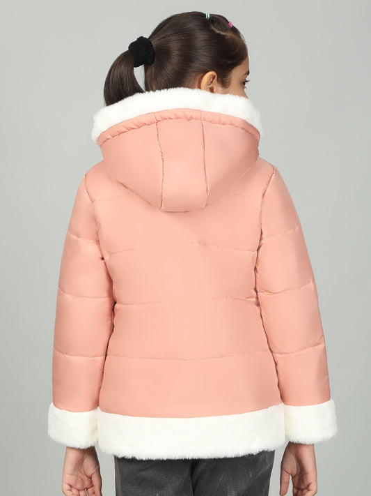 Girls Peach Solid Hooded Jacket