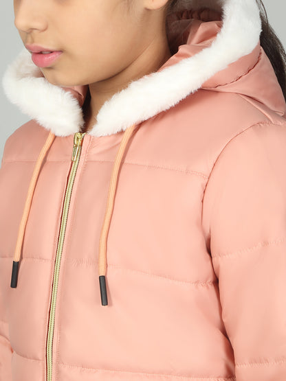 Girls Peach Solid Hooded Jacket