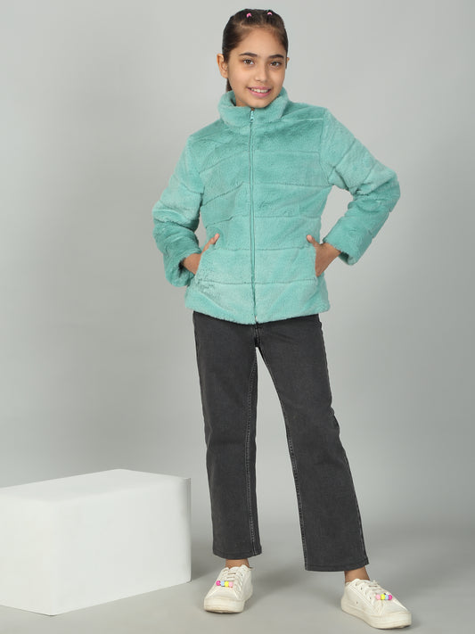 Girls Sea Green Solid Mock Neck Jacket