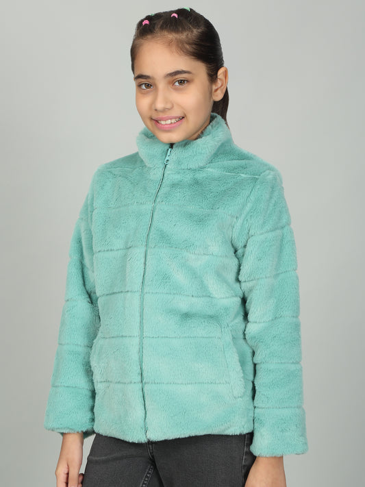 Girls Sea Green Solid Mock Neck Jacket