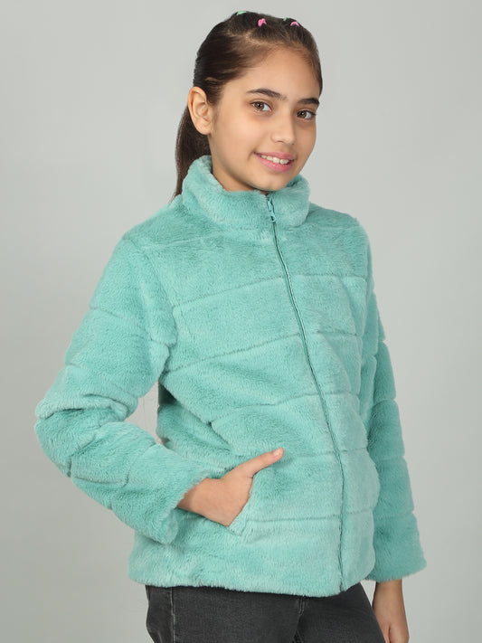 Girls Sea Green Solid Mock Neck Jacket