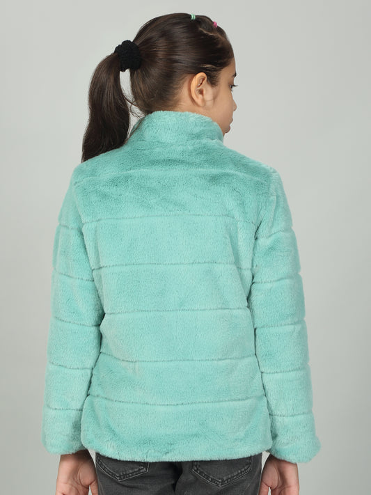 Girls Sea Green Solid Mock Neck Jacket