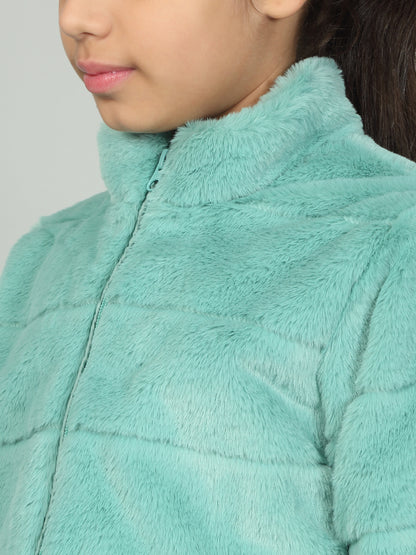 Girls Sea Green Solid Mock Neck Jacket