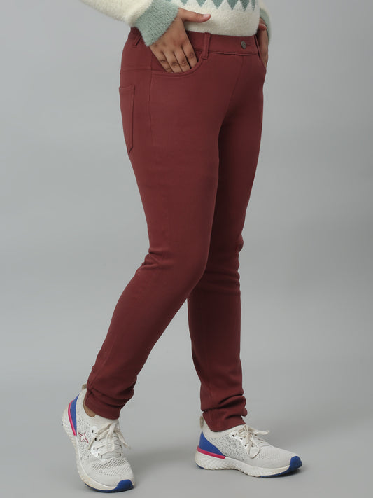 Girls Brown Soild Cotton Blend Stretchable Jeggings
