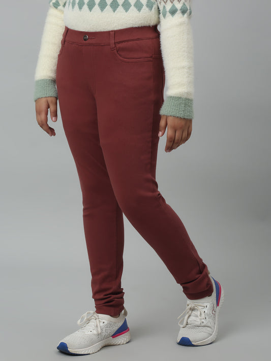 Girls Brown Soild Cotton Blend Stretchable Jeggings