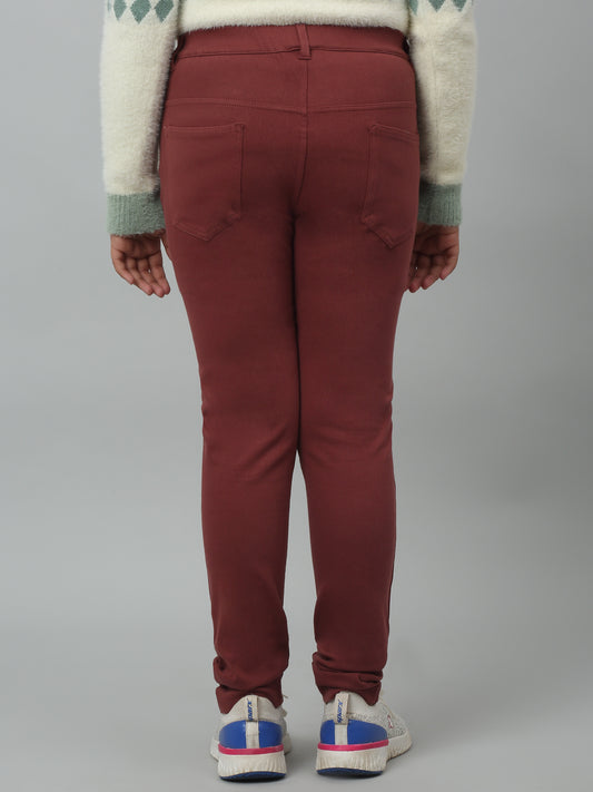 Girls Brown Soild Cotton Blend Stretchable Jeggings