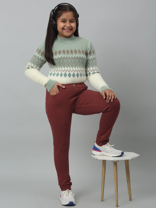 Girls Brown Soild Cotton Blend Stretchable Jeggings