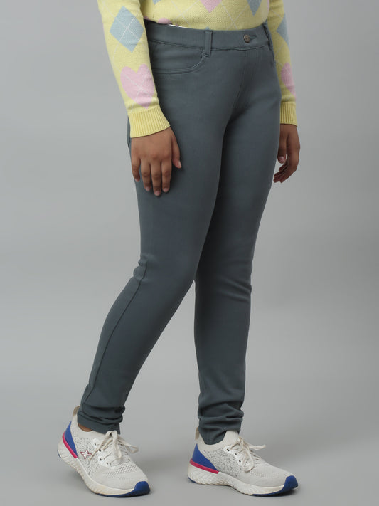 Girls Green Soild Cotton Blend Stretchable Jeggings