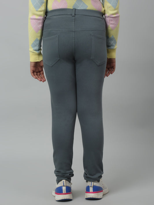 Girls Green Soild Cotton Blend Stretchable Jeggings