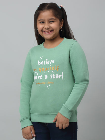 Girls Green Printed Round Neck Sweatshirt For Winter