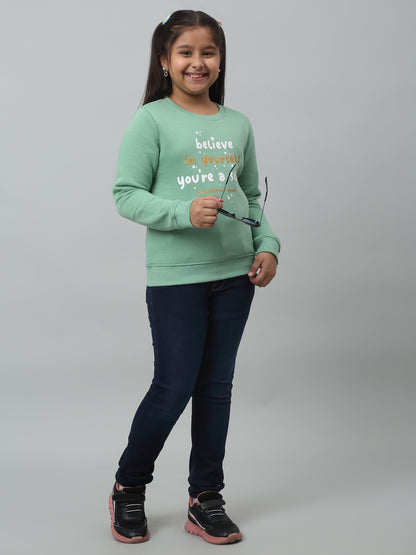 Girls Green Printed Round Neck Sweatshirt For Winter