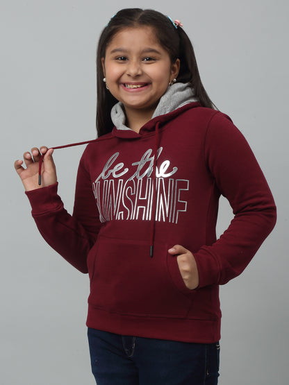 Girls Maroon Printed Hooded Neck Sweatshirt For Winter