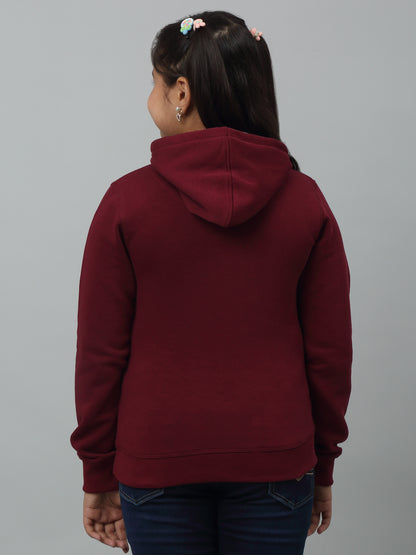 Girls Maroon Printed Hooded Neck Sweatshirt For Winter