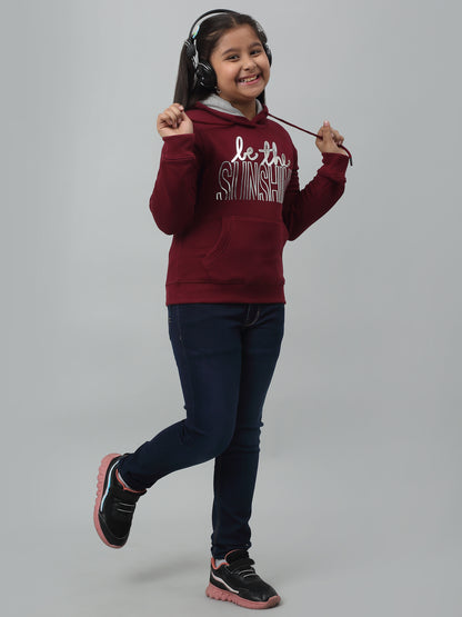 Girls Maroon Printed Hooded Neck Sweatshirt For Winter