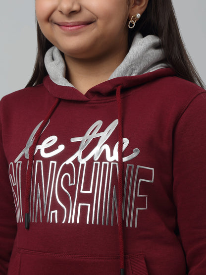 Girls Maroon Printed Hooded Neck Sweatshirt For Winter