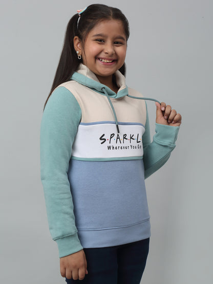 Girls Sky Blue Colour Blocked Hooded Neck Sweatshirt For Winter