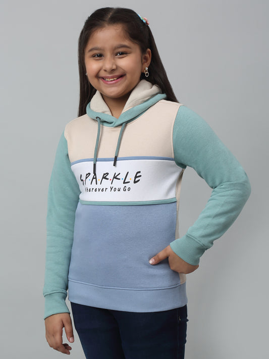 Girls Sky Blue Colour Blocked Hooded Neck Sweatshirt For Winter