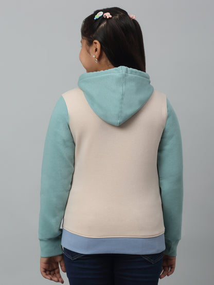 Girls Sky Blue Colour Blocked Hooded Neck Sweatshirt For Winter