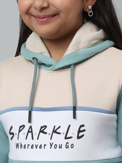 Girls Sky Blue Colour Blocked Hooded Neck Sweatshirt For Winter