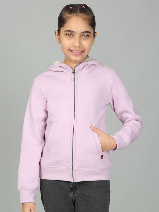 Girls Solid Lavender Hooded Neck Sweatshirt