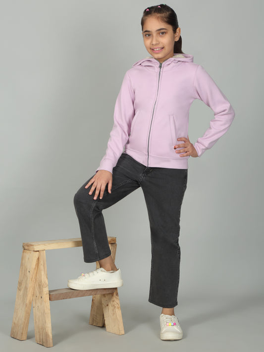 Girls Solid Lavender Hooded Neck Sweatshirt