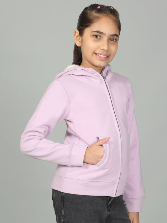 Girls Solid Lavender Hooded Neck Sweatshirt