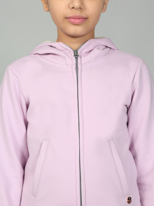 Girls Solid Lavender Hooded Neck Sweatshirt